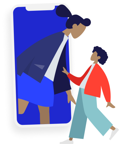 Illustration of a person stepping out of a smartphone screen